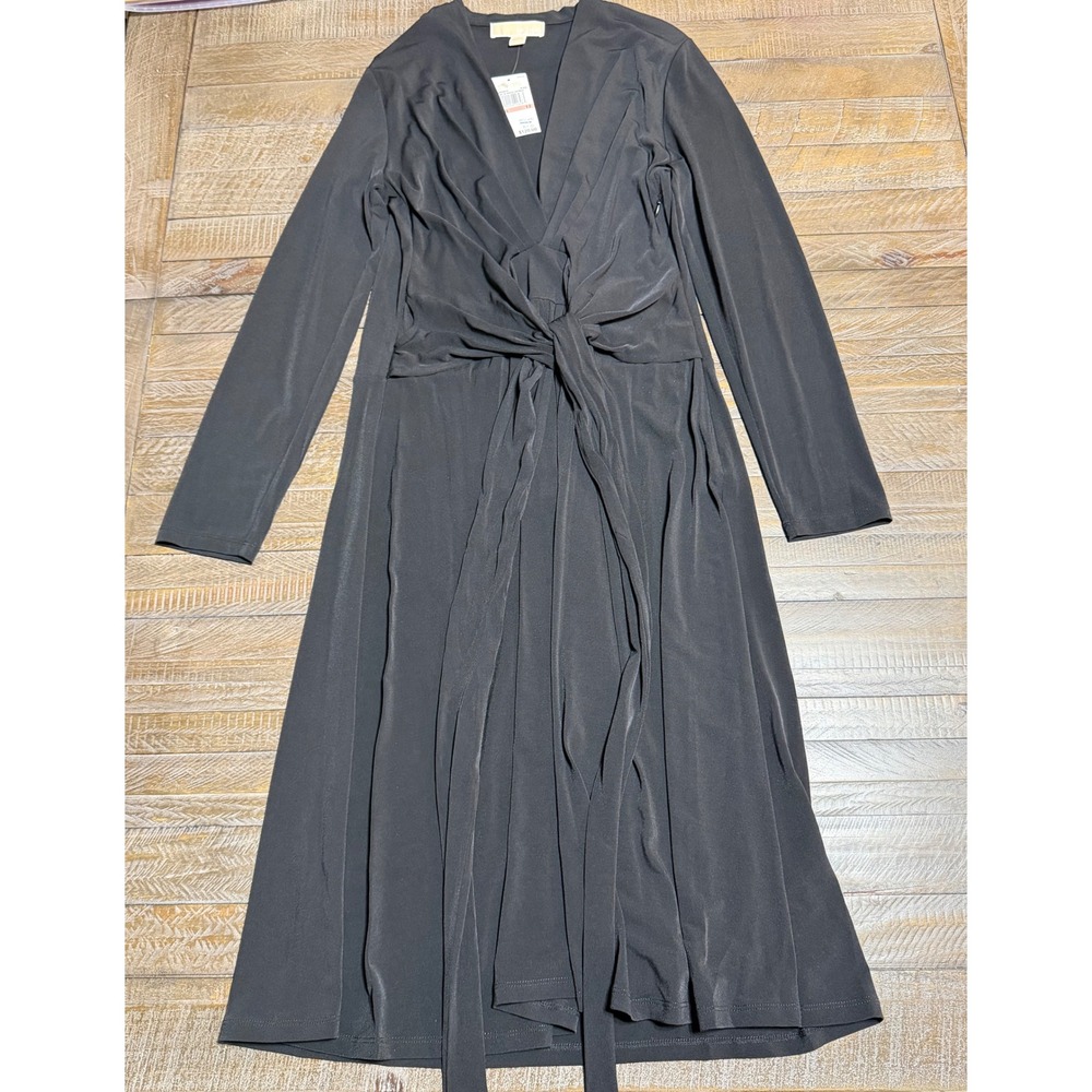 Michael Kors Midi Dress Women 12 Black NWT Twist Knot V-Neck Long Sleeve Jersey